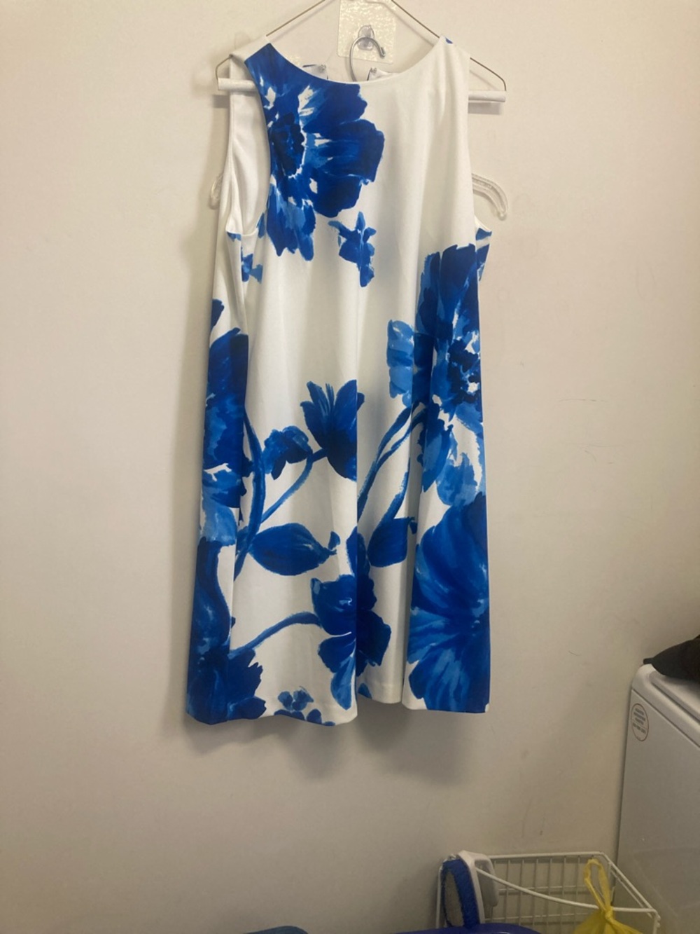 CHAPS/White Dress with Blue Floral Print - Women's Sleeveless A-lined Dress